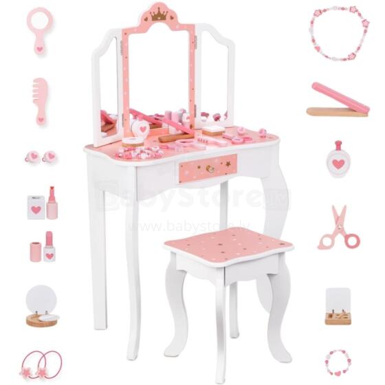 TOOKY TOY Деревянный туалетный столик со стулом и складным зеркалом, аксессуары, 15 шт.
