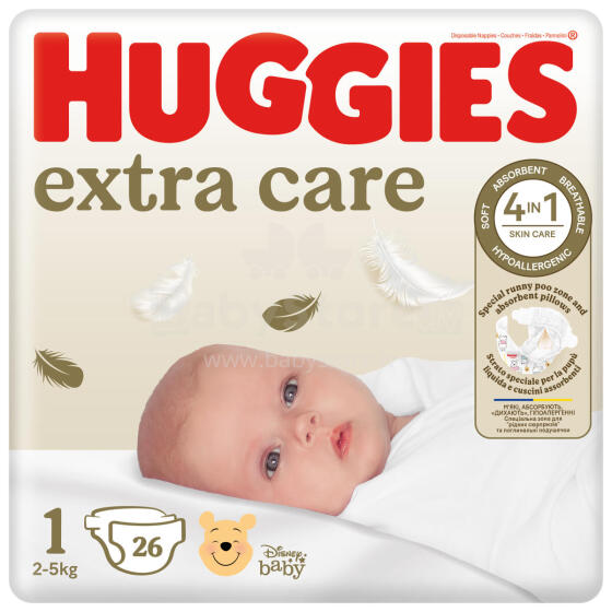 Huggies Extra Care 1 Art.BL041564876 подгузники с экологичным хлопком 2-5 kг 26 шт.