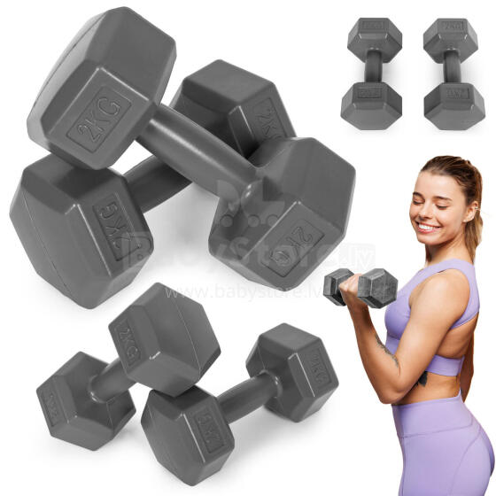 Hex dumbbells set 2x2 kg, exercise weights, fitness load, gray, ModernHome