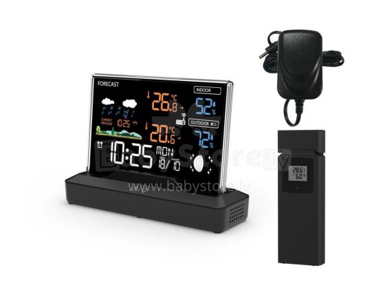 Backlit weather station with LCD display, wireless, with outdoor sensor, thermometer, barometer, clock