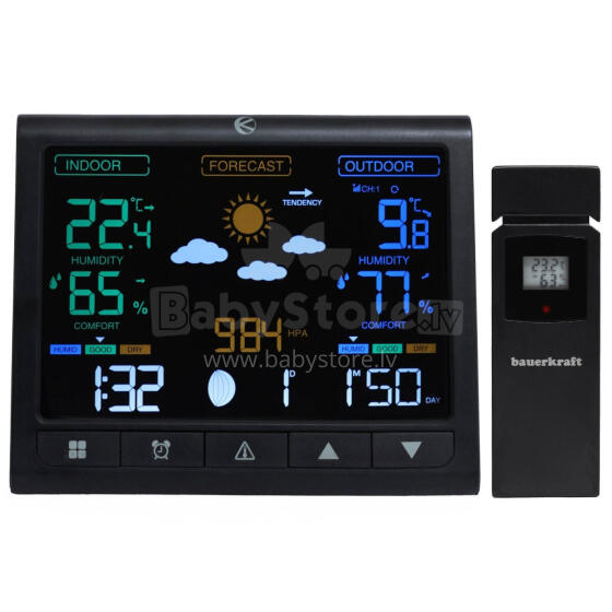 Backlit wireless weather station with outdoor sensor, LCD display, thermometer, barometer, clock