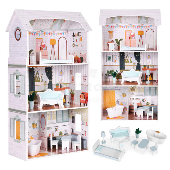 Кукольный домик Алисы – 3 этажа, 4 комнаты, комплект из 9 предметов мебели ECOTOYS