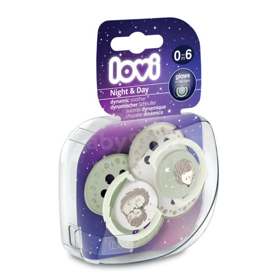 LOVI silicone dynamic soothers Night&Day Hedgehog, 0–6M, 2 pcs, 22/929