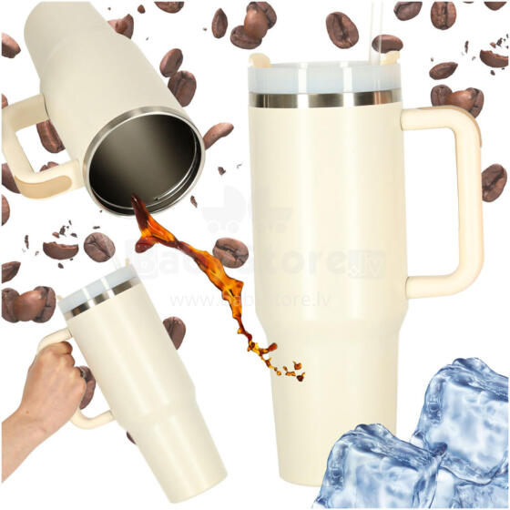 Ikonka Art.KX3032_2 Termiskā krūze ar salmiņu un rokturi termoss 1200ml krēms