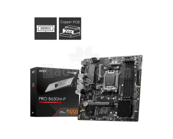 Mainboard MSI AMD B650 SAM5 Micro-ATX Memory DDR5 Memory slots 4 2xPCI-Express 1x 1xPCI-Express 16x 2xM.2 1x15pin D-sub 1xHDMI 1xDisplayPort 4xUSB 2.0 4xUSB 3.2 1xPS/2 1xRJ45 3xAudio port PRO