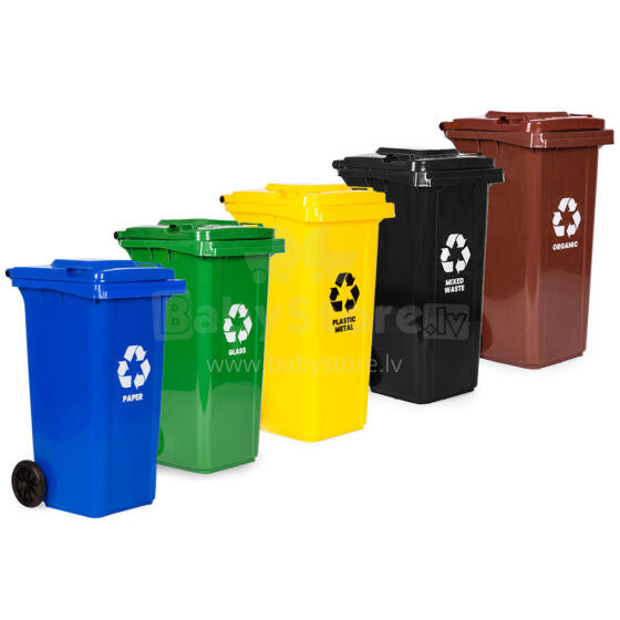 5 atkritumu tvertņu komplekts 5x120L Zila Zaļa Dzeltena Melna Brūna Papīrs Stikls Plastmasa Maisītie Atkritumi BIO ar gumijas riteņiem