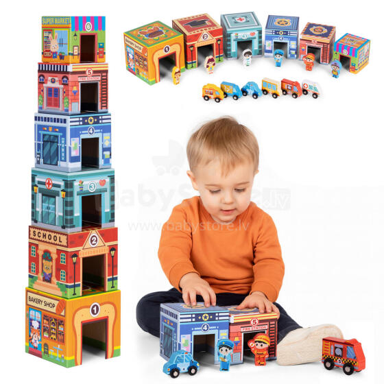 Stacking Tower City Pyramid Sorter with Figures and Vehicles 18 Pieces