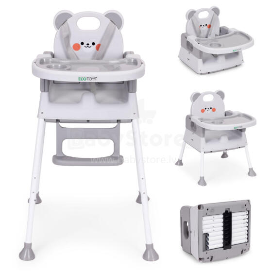 High Chair for Children 3-in-1 Double Tray 5-Point Harness Grey ECOTOYS