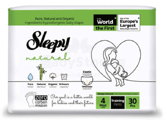 Sleepy Natural Pants Maxi Size 4 Art.268277 подгузники-трусики с экологичным хлопком 7-14 kг 30 шт.