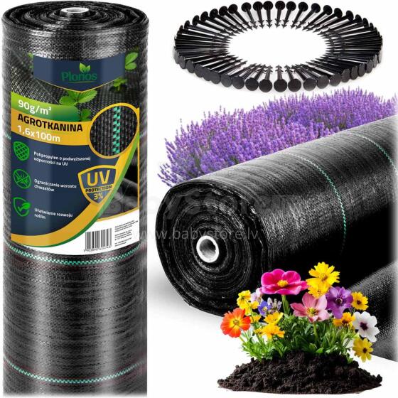 Garden agro cloth 1.6 m x 100 m 90 g/m2 + 100 stakes Plonos - black