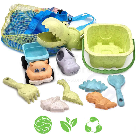 WOOPIE GREEN Smilšu komplekts ar spaini un krokodila lāpstu mugursomā 10 gab. BIODEGRADABLS ORGANISKS MATERIĀLS