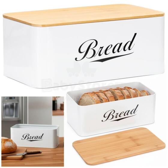 Metal bread bin 33x18x14 cm, closed bread container, bamboo board, white