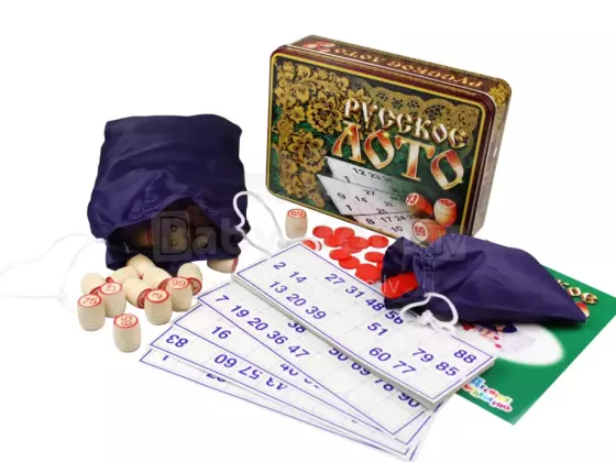 Russian Bingo Game Art.27870 Galda spēle krievu loto metāla kastē  ar koka mucām