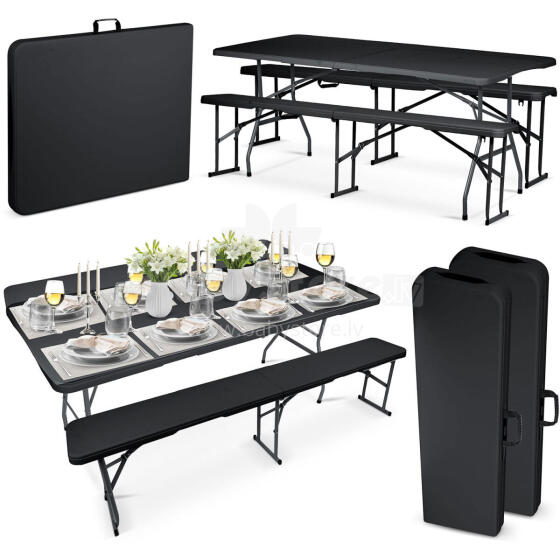 Garden catering set folding table + 2 benches 180 cm Plonos black