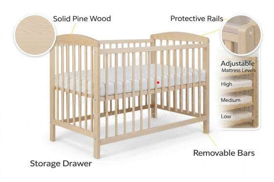 La Bebe™ Kids Wood Cot Sosna Art.279424 Natural Детская деревянная кроватка 120x60см