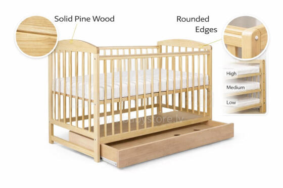 La Bebe™ Kids Wood Cot Sosna Art.279425 Natural  Детская деревянная кроватка с ящиком120x60см