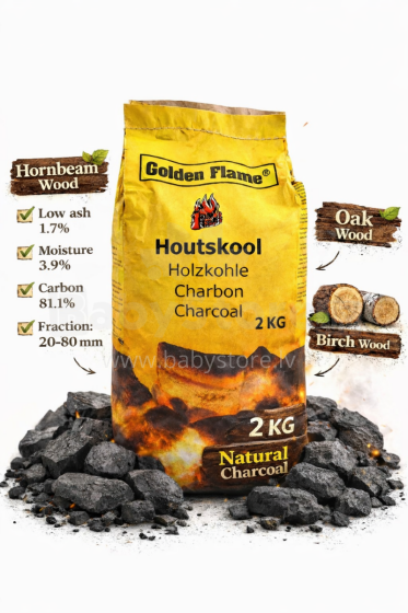 Natural Hardwood Charcoal Art.279740 Premium kvalitātes koksnes kokogles  — ideāli grilam un BBQ,2 kg