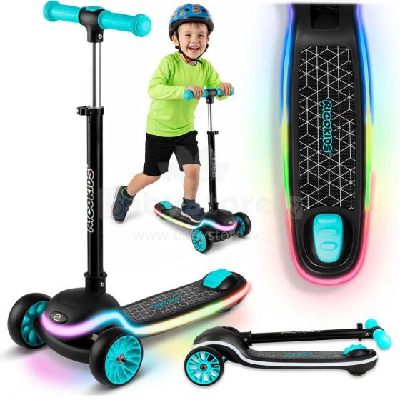 Three-Wheeled Balance Scooter for Kids LED Ricokids Leddi - Black-Turquoise