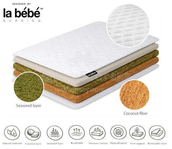 La Bebe™ Dabīgs kokosšķiedras un jūras zāles matracis gultai SLEEP 120×60×9 cm (6 cm kokos + 2 cm jūras zāle)