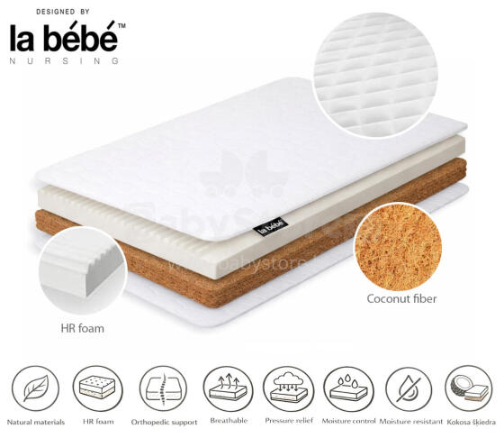 La Bebe™ Натуральный матрас из кокосового волокна и HR пены для кровати, SLEEP 120×60×9 см (6 см кокос + 2 см HR пена)