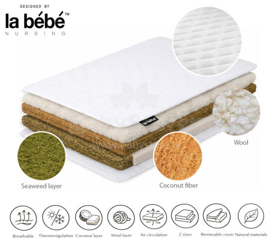 La Bebe™ матрас 120×60 см Sleep, кокосовое волокно + морские водоросли + овечья шерсть, 6 см кокос + 2 см морские водоросли