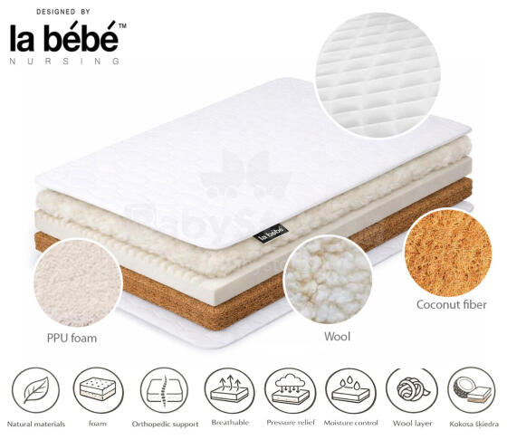 La Bebe™ matracis 140×70 cm Space, kokosšķiedra + PPU putas + aitas vilna, 6 cm kokos + 2 cm PPU putas