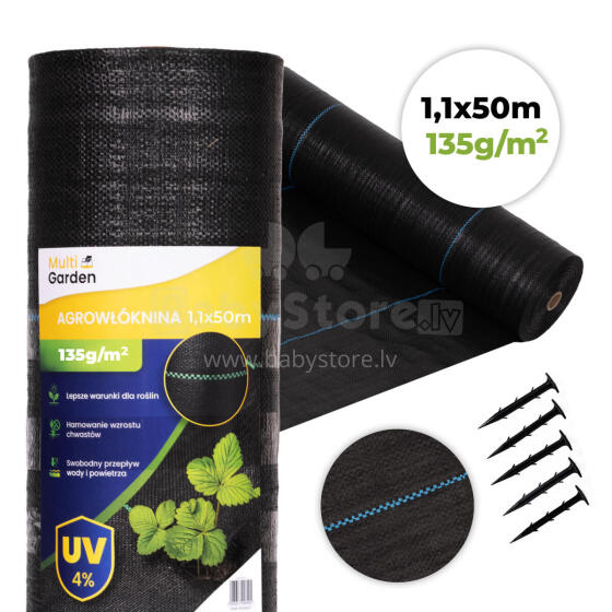Black UV-resistant agro fabric 135 g/m² weed control mat 1.1×50 m, pins, MultiGarden