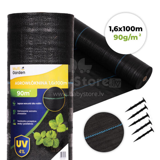 Black UV-resistant agro fabric 90 g/m² weed control mat 1.6×100 m, pins, MultiGarden