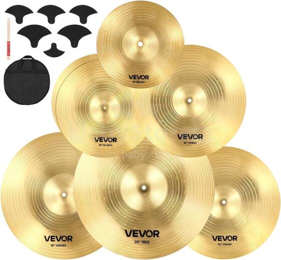 Vevor 6 Piece Cymbal Set Drumsticks Art.287554 алюминиевые тарелки, ударная установка, включающая хай-хэт 355 мм, крэш 400 и 455 мм, райд 505 мм, сплэш 254 мм