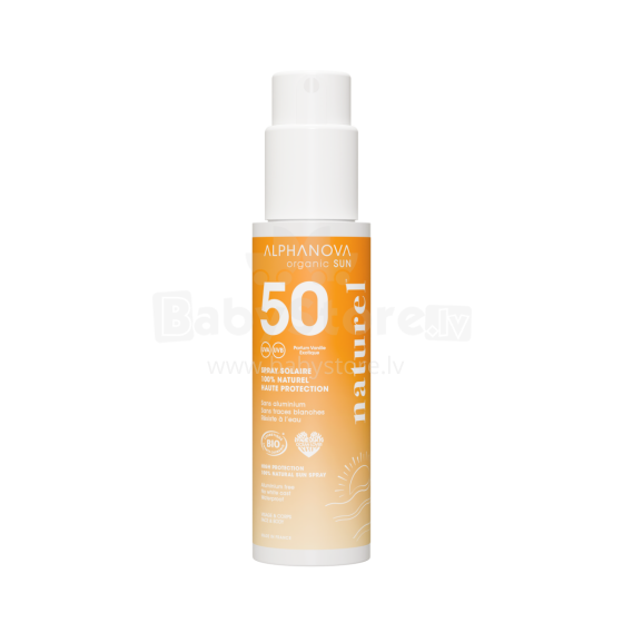 Alphanova Sun Art.287564 dabīgs minerālfiltru bērnu saules aizsargsprejs jutīgai ādai ar vaniļas piena kokteiļa aromātu SPF50, 100g