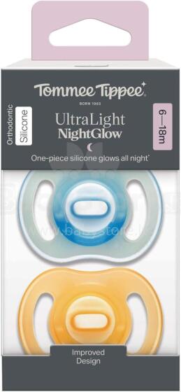 TOMMEE TIPPEE silicone soothers NIGHT GLOW ULTRALIGHT, 6-18 m., 2 pcs., 433805