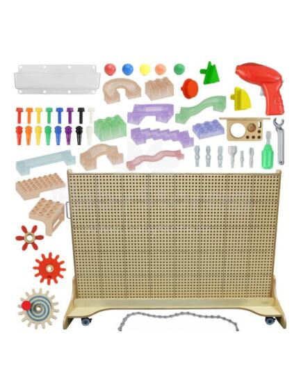 MASTERKIDZ Свободностоящая STEM Стена Доска 166 x 125 см + Аксессуары Шпильки Шестеренки Блоки Инструменты Трасса для Мячей