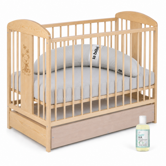 La Bebe™ Kids Wood Cot Sosna Tomi 20 Art.73991 Natural Komplekts: Bērnu kokā gultiņa ar atvilktni+gultas veļa+spilvens Moon+eļļa mazulim 120x60cm