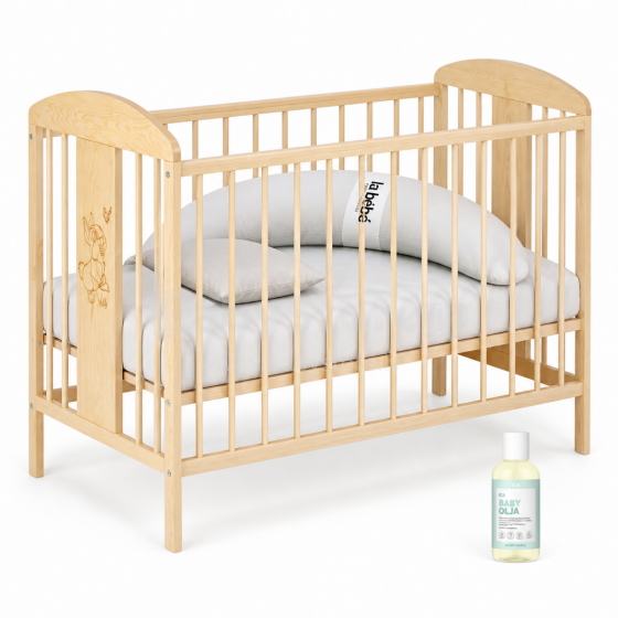 La Bebe™ Kids Wood Cot  Art.290263 Natural Komplekts: Bērnu kokā gultiņa ar atvilktni+gultas veļa+spilvens Moon+eļļa mazulim 120x60cm