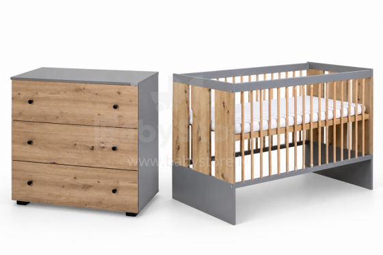 Klups Pauline Art.290267 Graphite/Oak Set: Children's crib with protective side 120x60 cm + chest of drawers