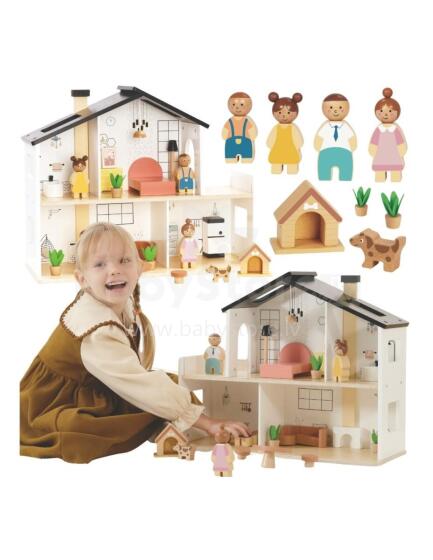 TOOKY TOY Koka leļļu māja ar piederumiem un ģimeni 20 gab.
