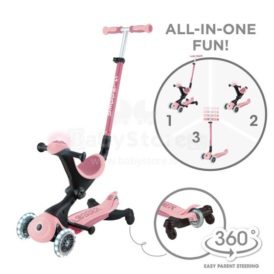 GLOBBER skrejritenis Go Up Deluxe Lights 360°, pasteļrozā, 699-310