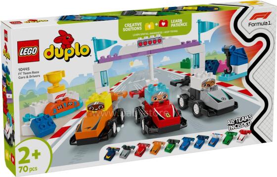 LEGO DUPLO F1 komanda sacīkšu automašīnas un vadītāji