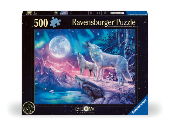 Пазл Ravensburger, светящийся в темноте, 500 деталей: Волки на северном сиянии