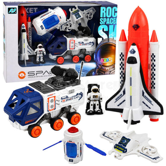 Kosmosa komplekts: raķete, šatls, satelīts, drons, astronauts