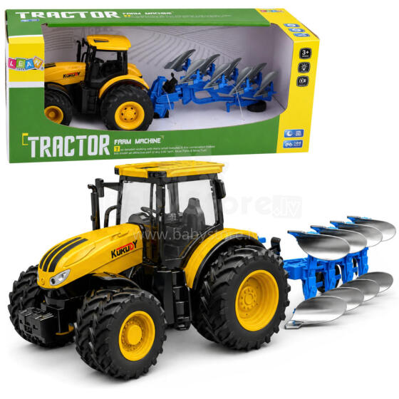 Lauksaimniecības traktors ar daudzrindu pļaujmašīnu, gaismas, skaņas, dzeltenā krāsā, 1:24
