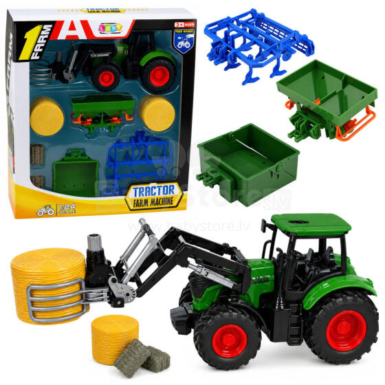 Lauksaimniecības komplekts traktors ar siena pacēlāju lauksaimniecības piekabe 1:24