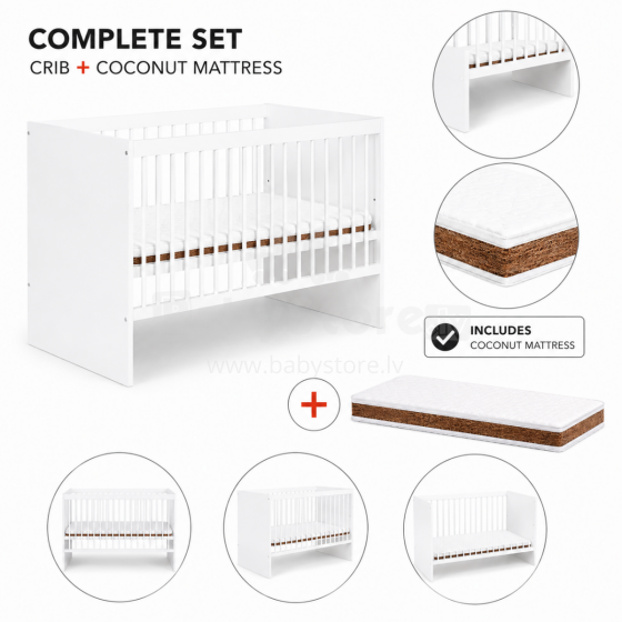 Klups Dalia Set Art.299154 White Wooden baby crib (120x60 cm) without storage drawer + coconut fiber mattress (120x60x8 cm)