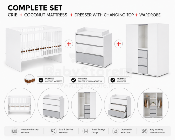 Klups Dalia Set Art.299157 White Set: Wooden baby crib (120x60 cm, without drawer) + coconut fiber mattress (120x60x8 cm) + dresser with changing top + wardrobe