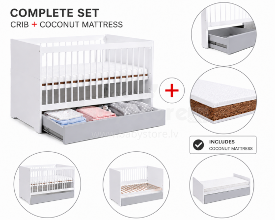 Klups Dalia Set Art.299158 White/Grey Детская деревянная кроватка 120x60см с выдвижным ящиком + кокосовый матрас 120x60x8см