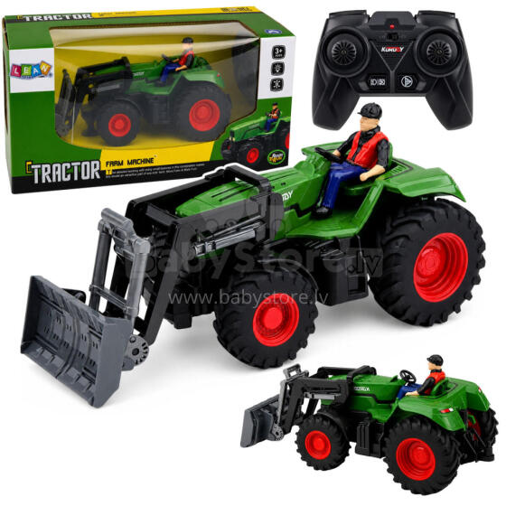 Tālvadības lauksaimniecības traktors ar buldozeru un lauksaimnieka figūru RC 1:24