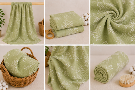 Yukkidds Muslin Cloths Art.299918 Green Leaf  High-quality bamboo muslin swaddle, 1 pcs (60x60 cm)