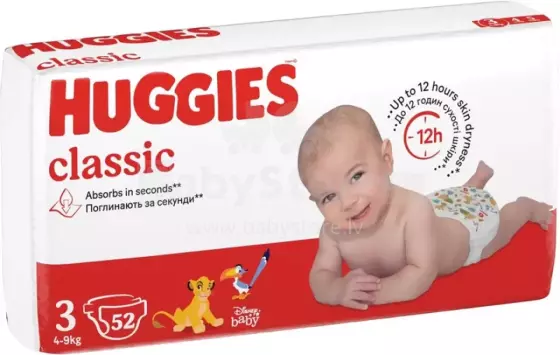 Huggies Classic Jumbo Art.4127  Baby diapers size 3 4-9 kg, 52 pcs.
