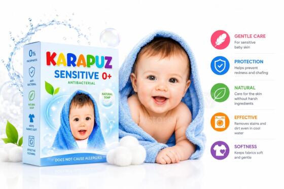 Karapuz Sensitive Powder Art.47984 Veļas mazgāšanas līdzeklis mazuļiem no pirmajām dzīves dienām,400g