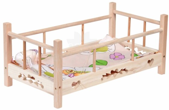 I-Toys Bed Doll Art.B-1757 Leļļu koka gulta ar gultas veļu 26x52cm